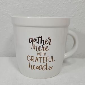 Cream Ceramic Mug Planter "Gather here with Grateful Hearts" Metallic Gold Text